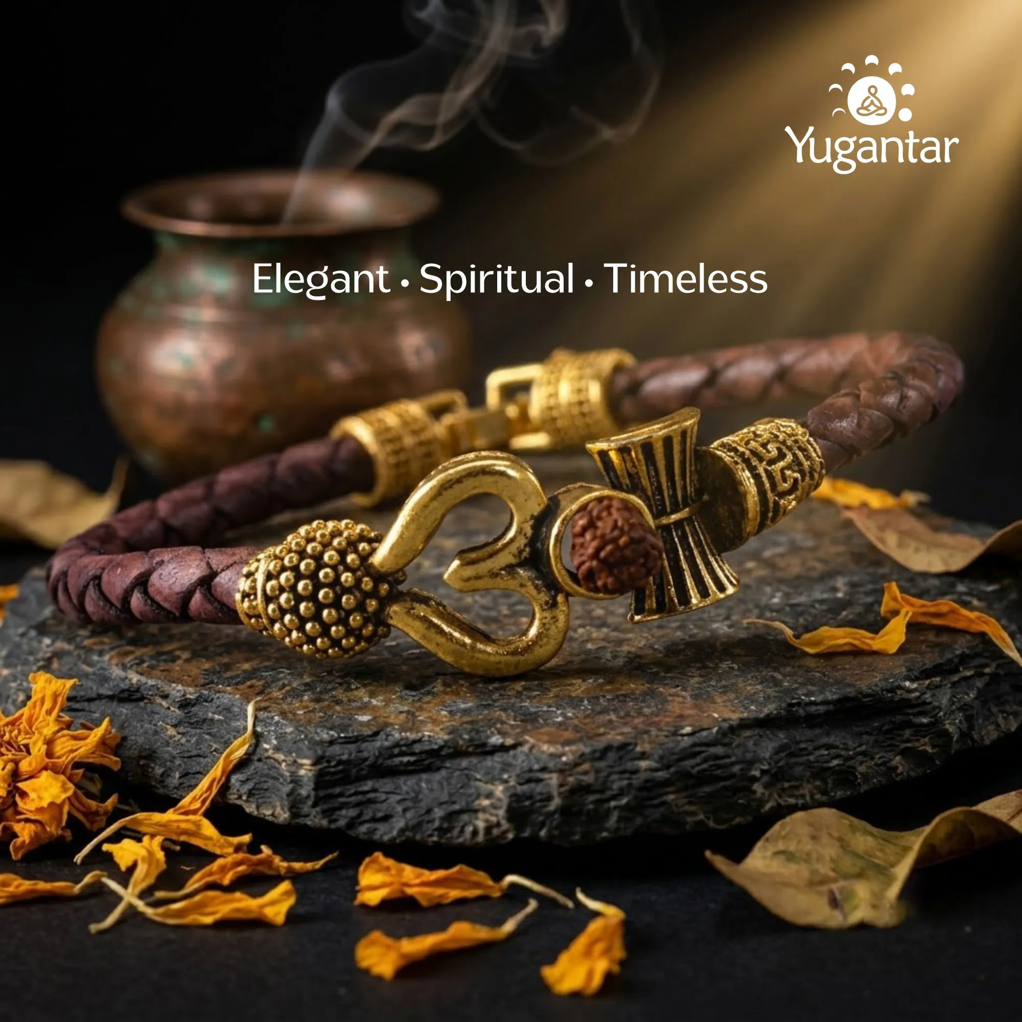 Rustic Om Rudraksha Leather Bracelet For Men