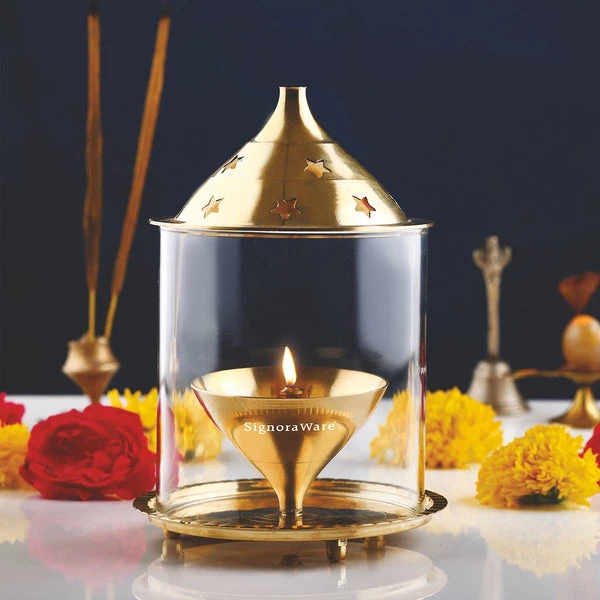 Akhand Diya Medium Brass with Glass Cover