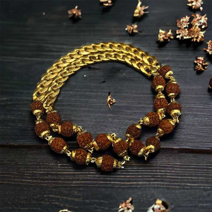 Gold Plated Rudraksha Links Necklace For Men