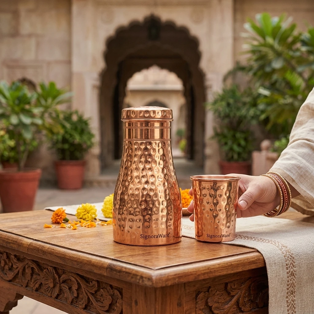 Damaru Bottle with 2 Glass (Hammered), 900ml + 275 ml Each Glass